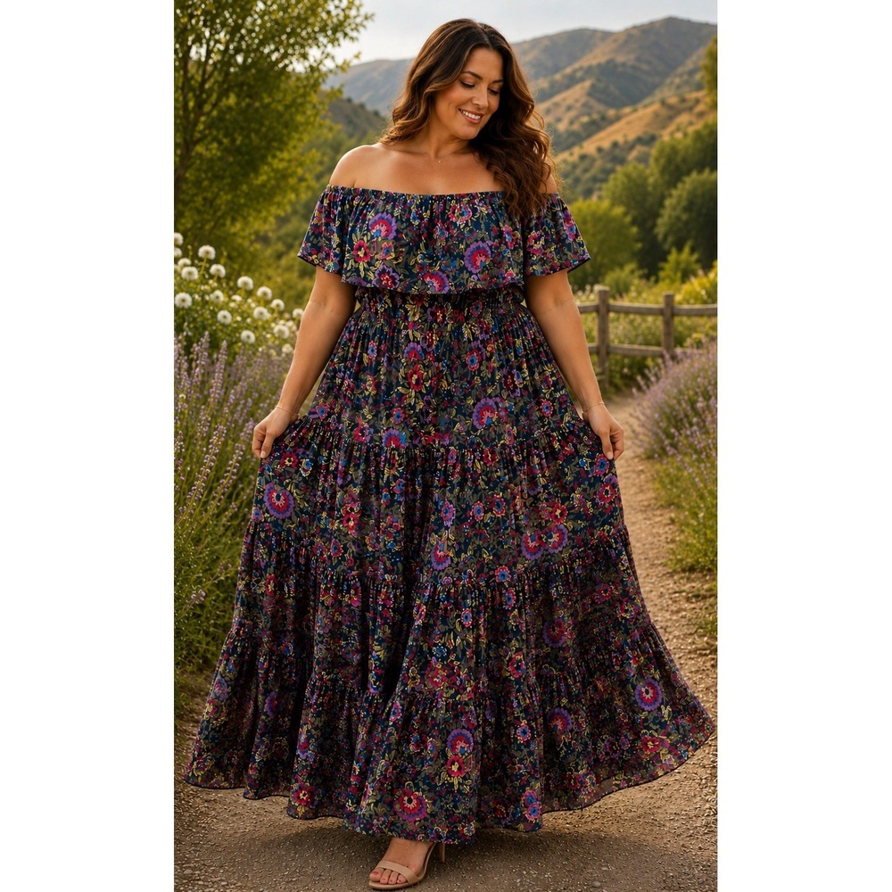 Terra & Skye 4X Boho Cottagecore Floral Maxi Dress Off Shoulder Tiered Festival